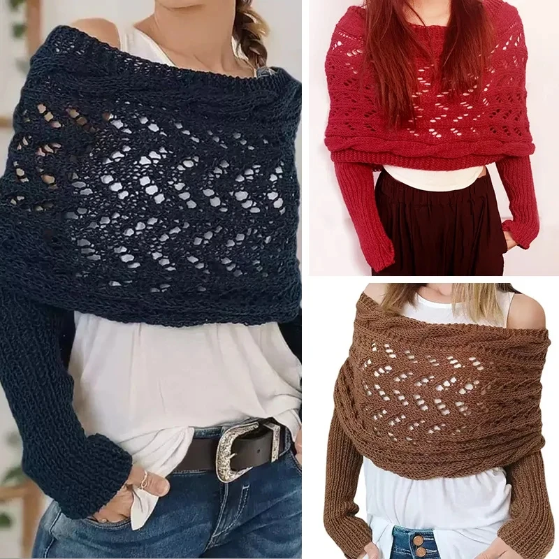 Autumn Winter Off-shoulder Hollow Knitted Women's Shawl Fashion Elegant Outer Wear Female Sweater Shawl Long Sleeves 2025