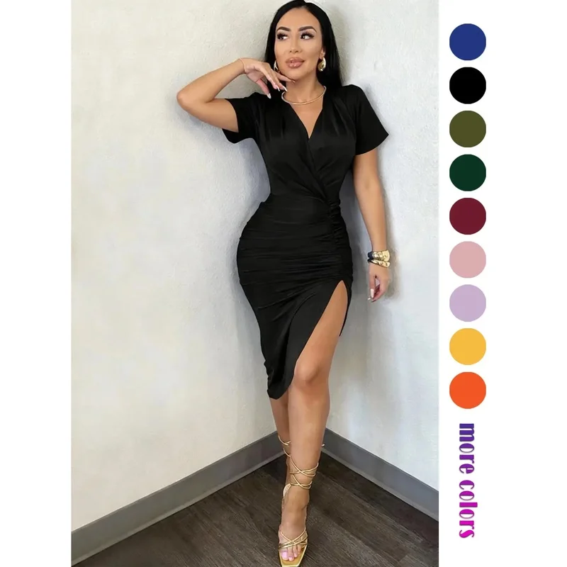 Pleated Collar Bodycon Fit Short Sleeve Summer Dress Split Hem Perfect Parties Weddings Office Wear Elegant Party
