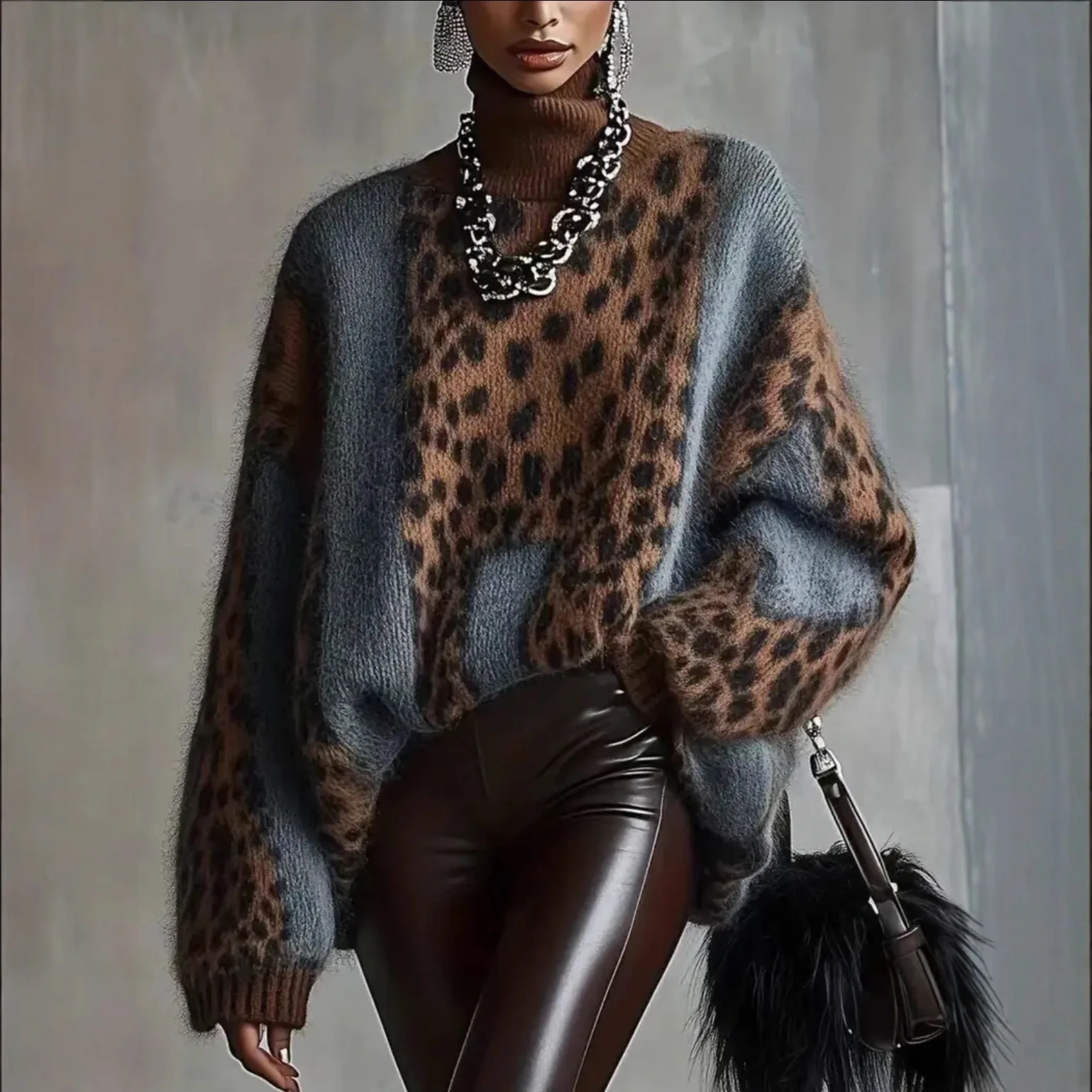 Lazy wind leopard print knitted sweater women's autumn and winter thickened outer wear loose retro splicing top women