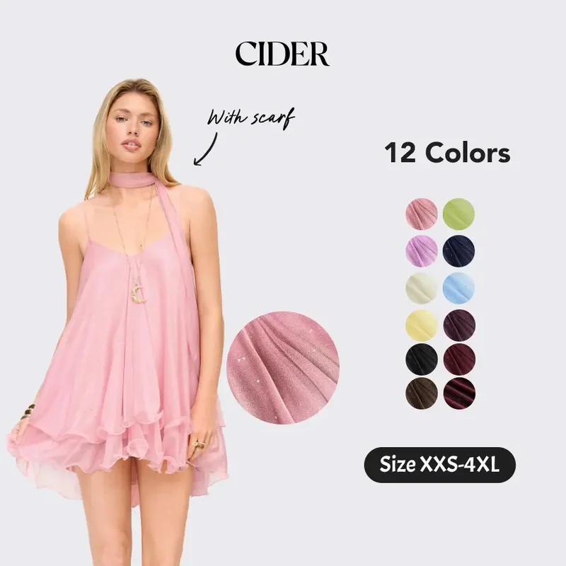 Cider VNeck Halter Ruffled Hem Tulle Glitter Mini Dress Casual Wear Sexy Glamorous Women's Party Clubbing Festival Gown Oversize