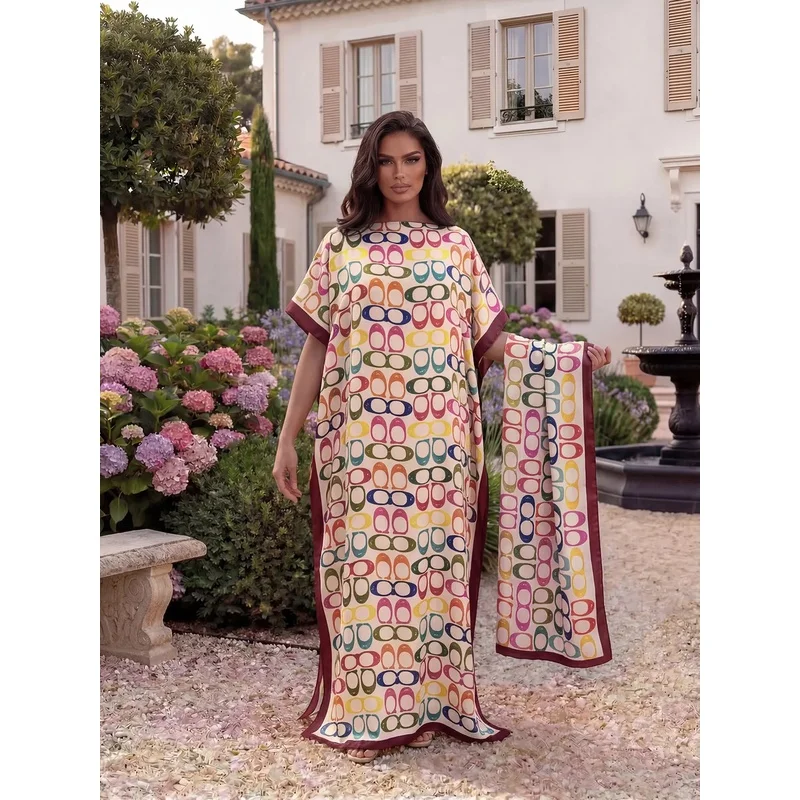 Women Elegant Geometric Print Satin Robe Set Long Dress Matching Scarf Sun‑Protection Beach Resort Wear Summer Holiday Outfit