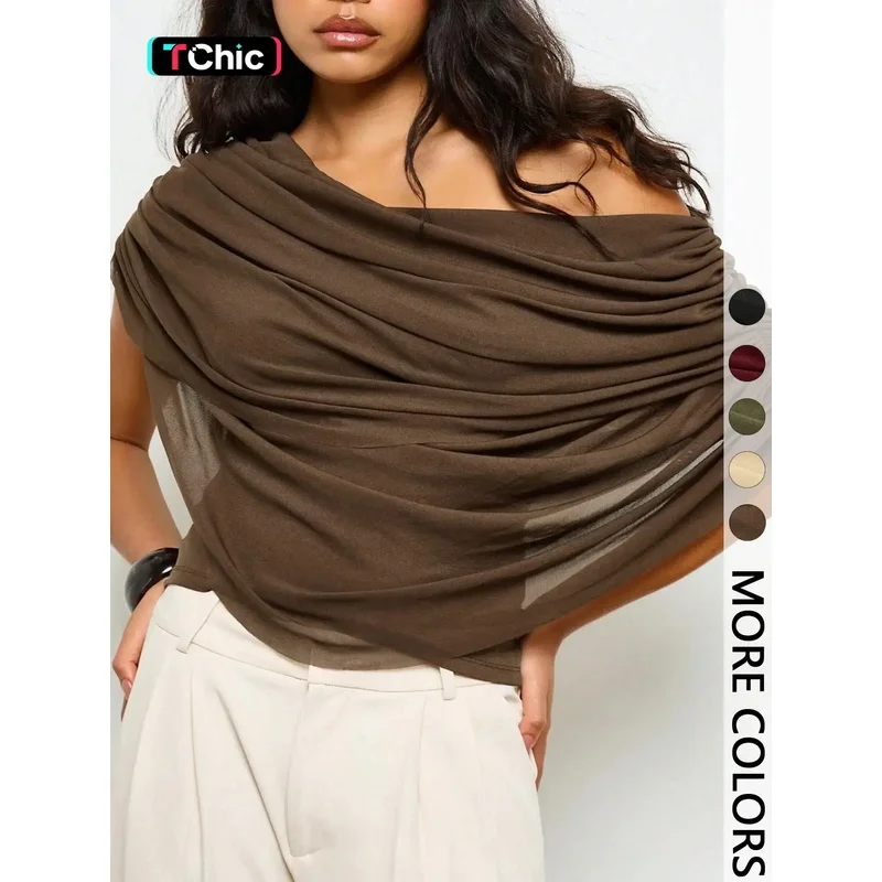 Women's Brown OffShoulder Draped AsymmetricalNeck Top Office Casual Wear Cropped Blouse Elegant One Shoulder Twist Flowy Overl