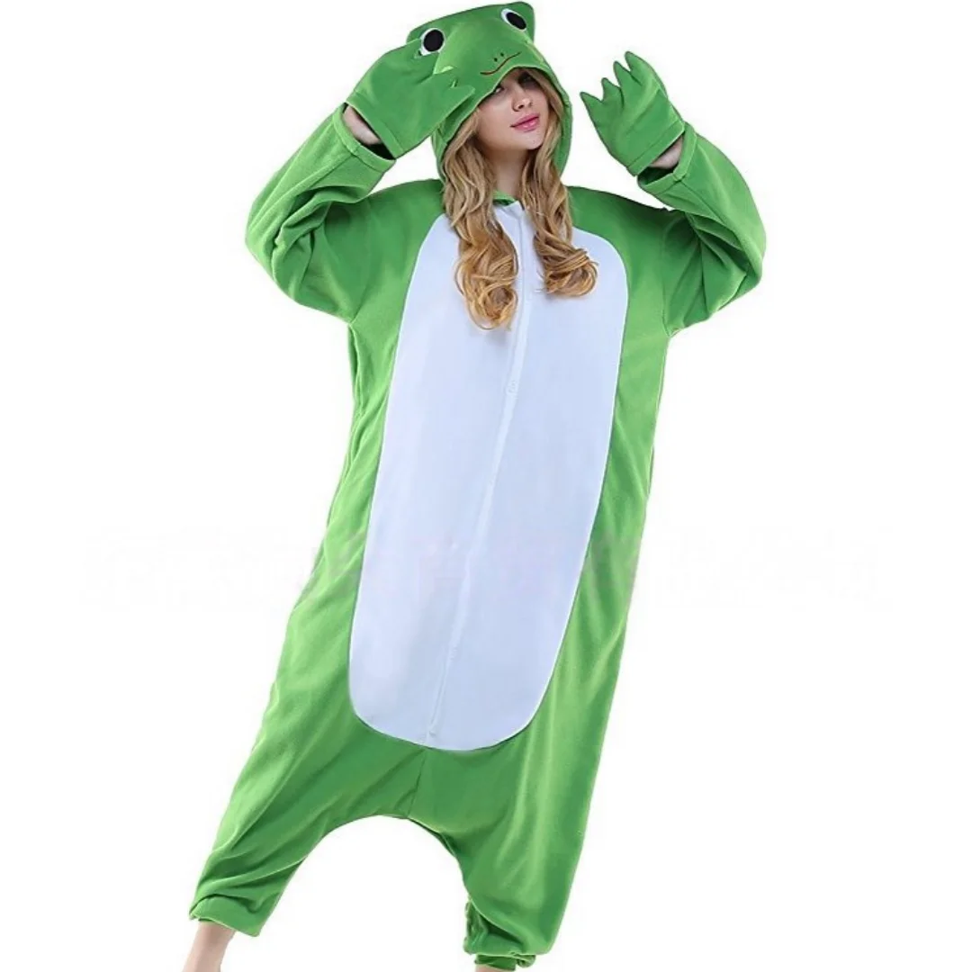 Cute Green Frog Pajamas Winter Cartoon Animal Home Wear One-piece Nightgown Coral Fleece Bathrobe Christmas Gifts for Women Men