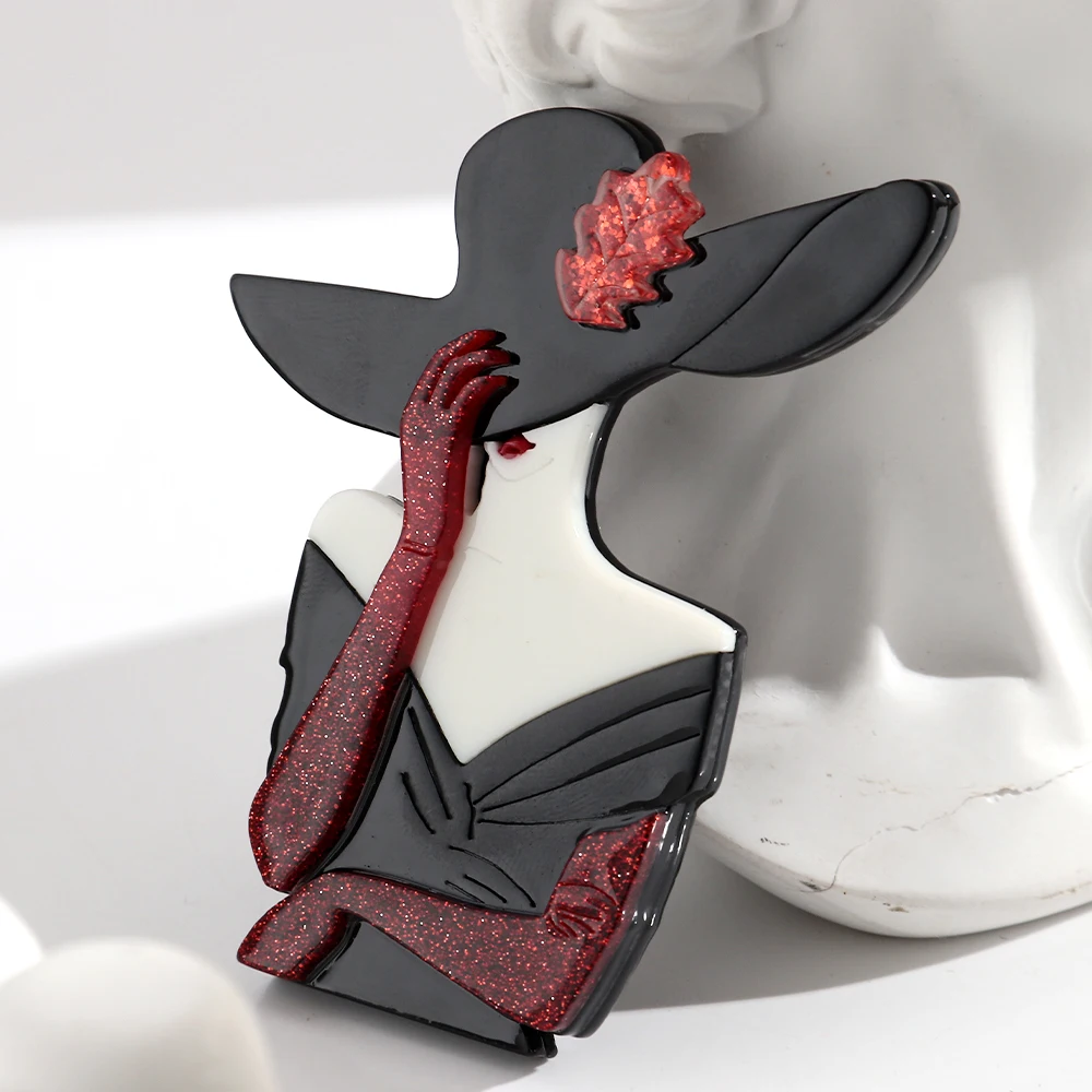 New Acrylic Graceful Hat Lady Figure Brooches for Women Trendy Fashion Female Badge Pins Office Jewelry Clothes Accessories Gift