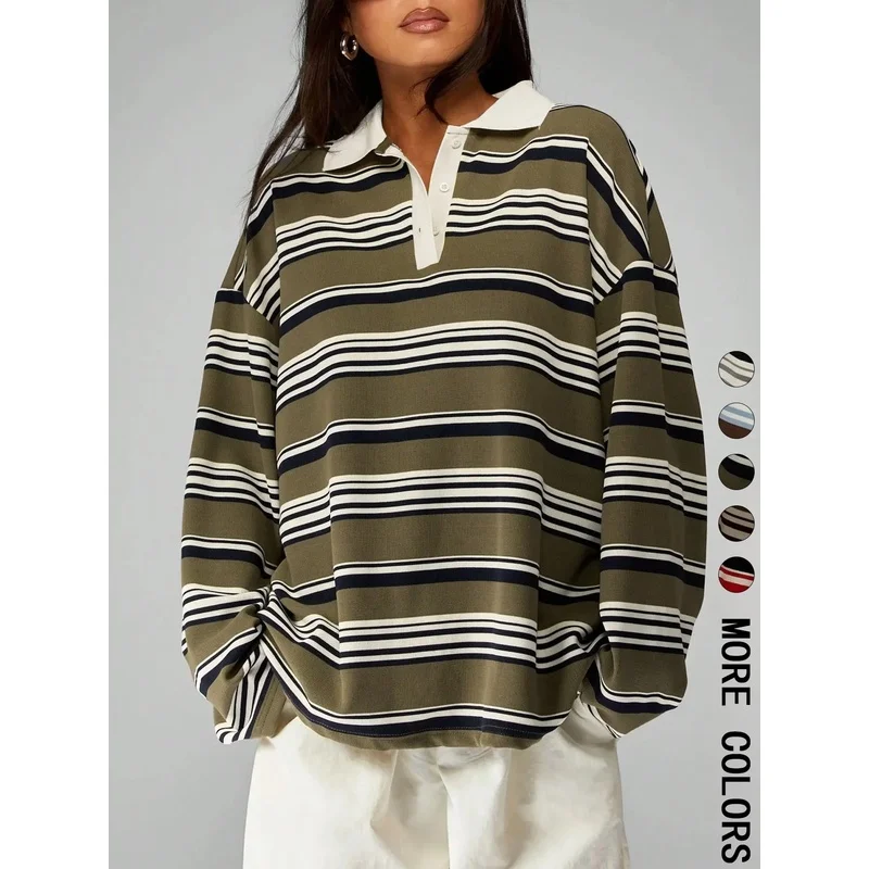 Vintage Striped Collared TShirt Casual Loose Fit Daily Commute/dating Comtable Stylish Perfect Everyday Wear
