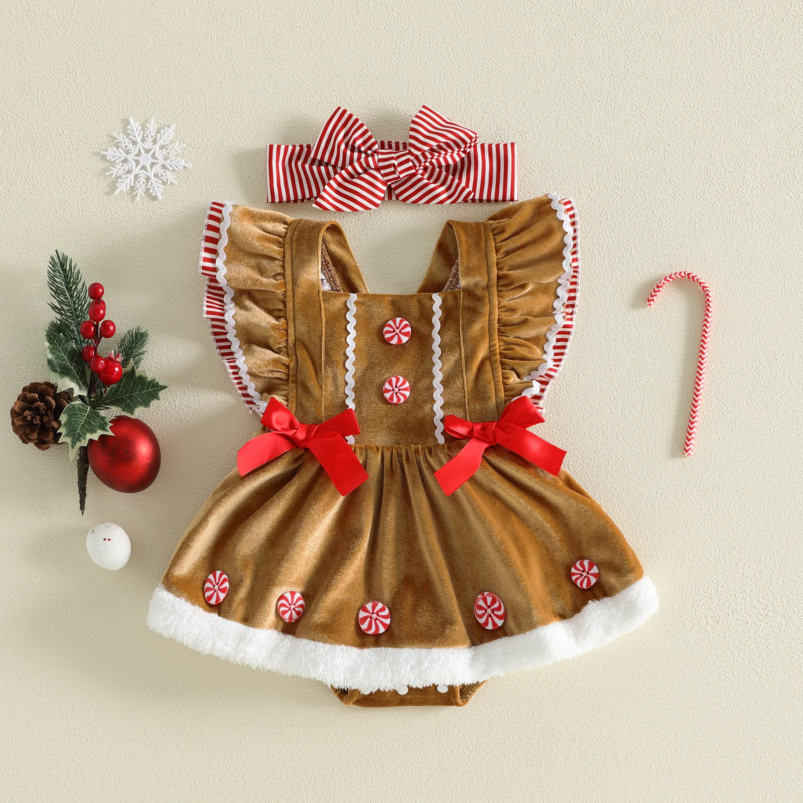 Baby Girl Christmas Outfit Gingerbread Man Fly Sleeve Furry Romper Overalls with Hairband Cute Baby Plush Xmas Bodysuits