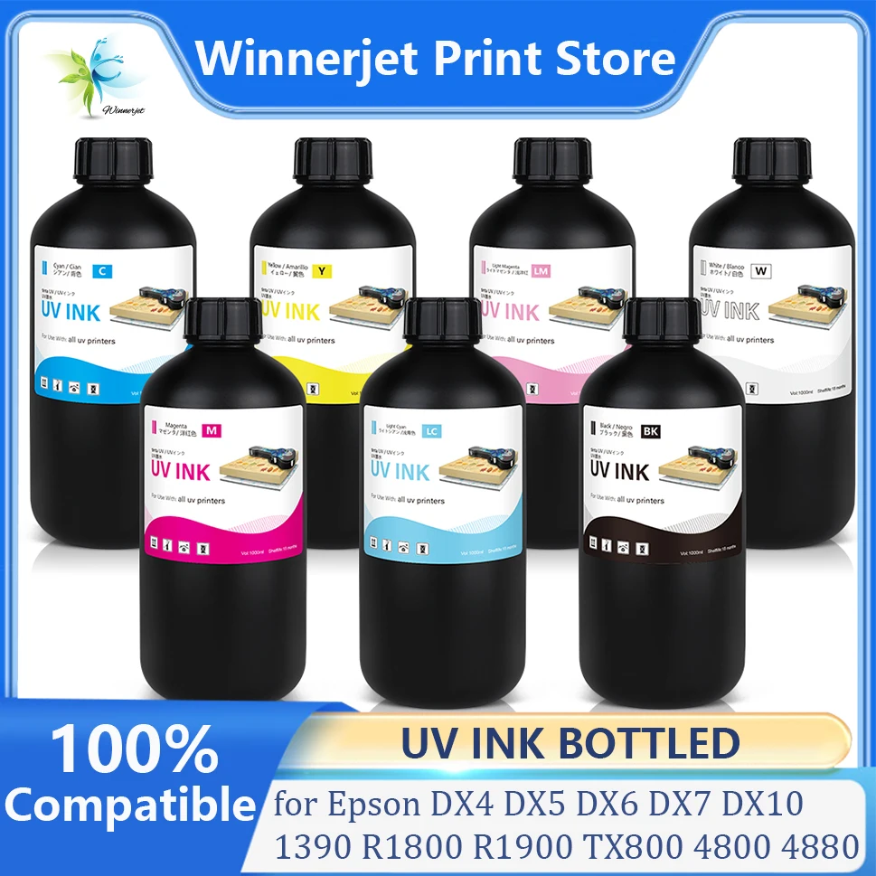 Winnerjet 1000ml LED UV Ink For Epson 1390 R1800 I3200 TX800 4800 7880 9880 DX5 DX7 UV Flatbed Printer Universal UV Curing Ink