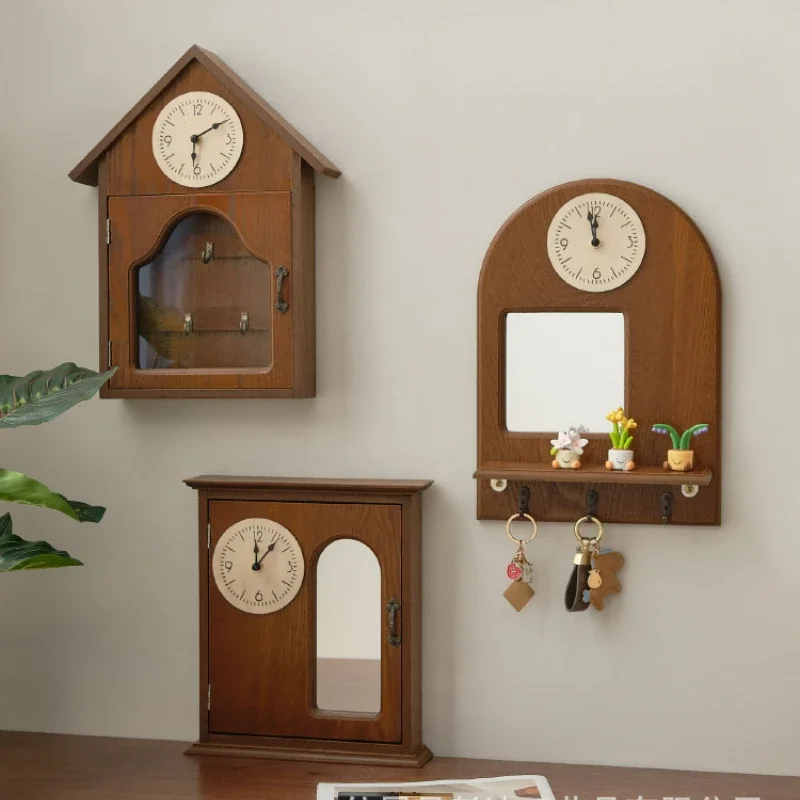 Vintage Wooden Wall Clock Key Holder With Mirror Silentt Wall Clock  Key Hanger With Hooks For Keys, Bags, Home Decor
