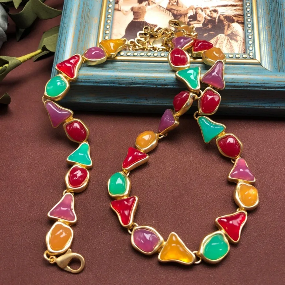 Design Sense Colored Jelly Resin Gemstone Inlaid Necklace and Bracelet Jewelry Set Heavy Temperament, Sweet Versatile Jewelry