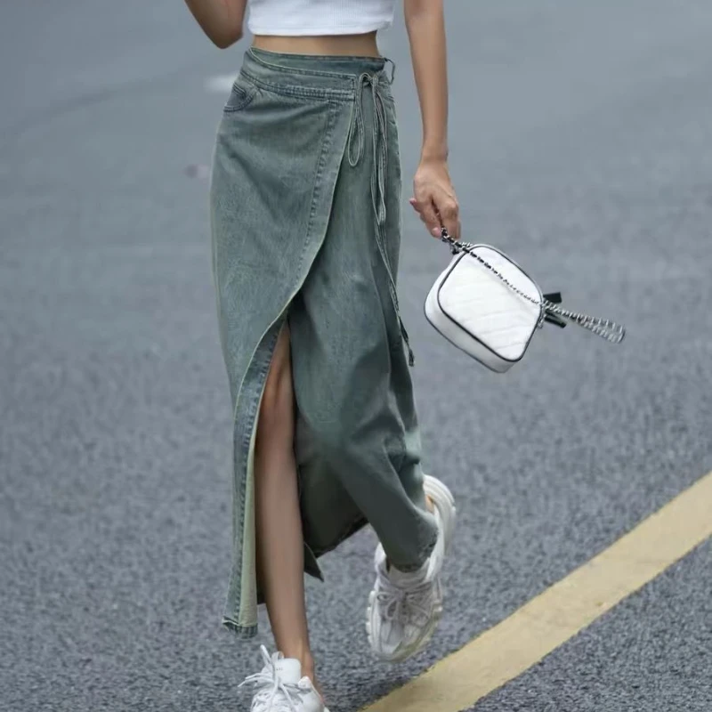 Temperament Commuter Skirt Design Sense Washed Strap Split Long Denim Skirt Spring and Summer Fashion Women's Wear