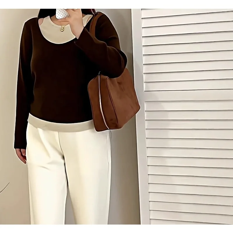 Plus-size Women's Clothing Design Sense Fake Two-piece Top 2025 Autumn Fat Mm Casual Temperament Knitted Sweater Women