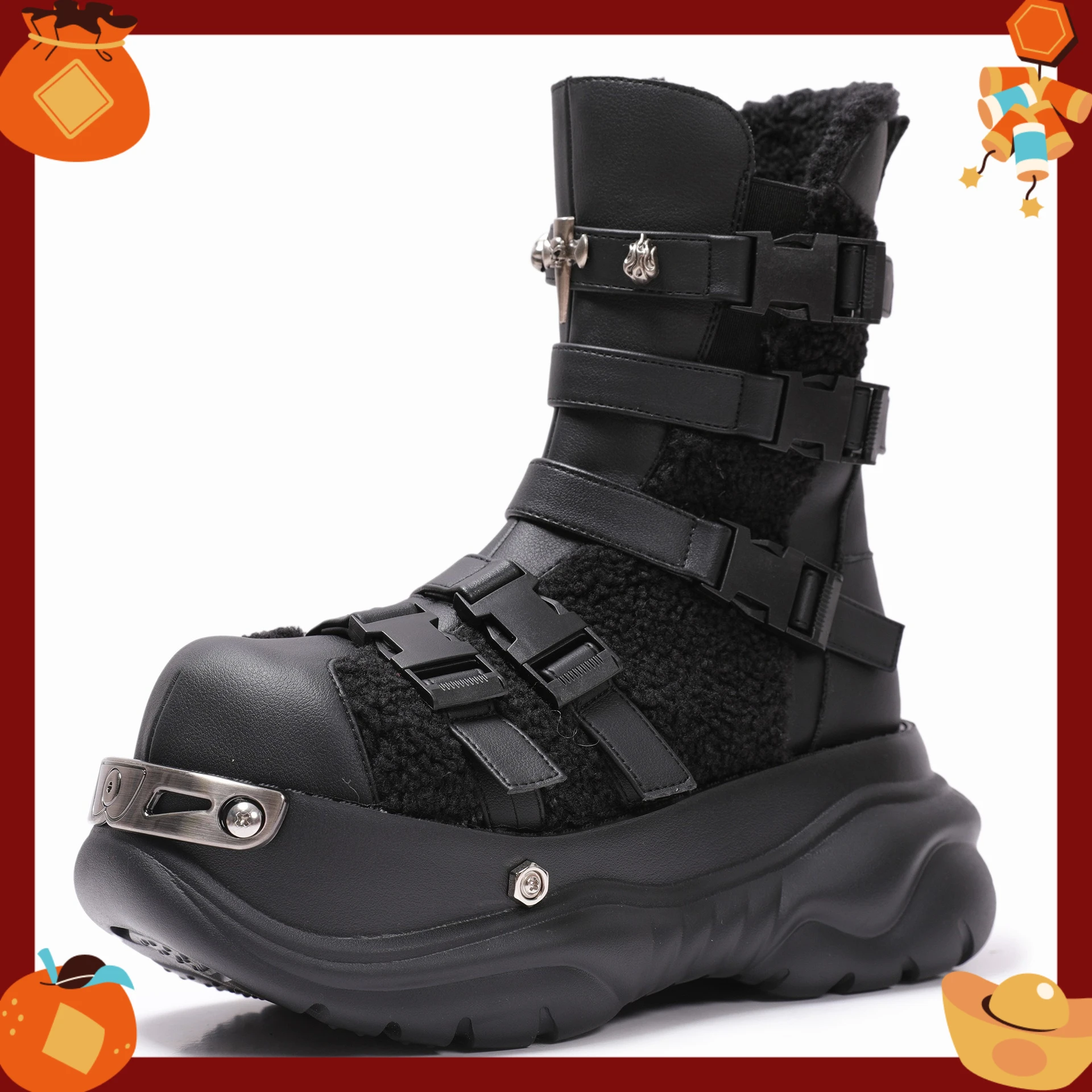 Women Niche Design Sense Autumn and Winter Velvet Warm Trendy Cool Spice Girl Heightening Locomotive Thick-soled Short Boots