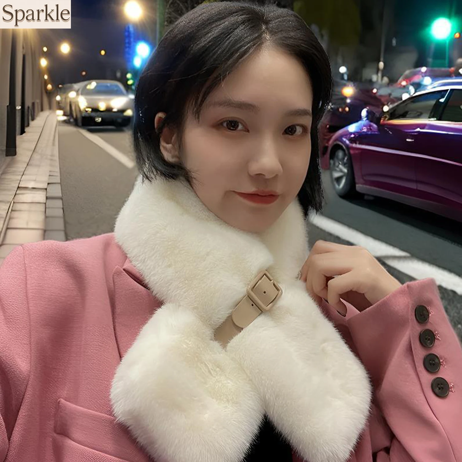 Women's Fluffy Faux Fur Scarf Warm Winter Neck Wrap with Buckle Decor Fashion Accessory for Cold Weather