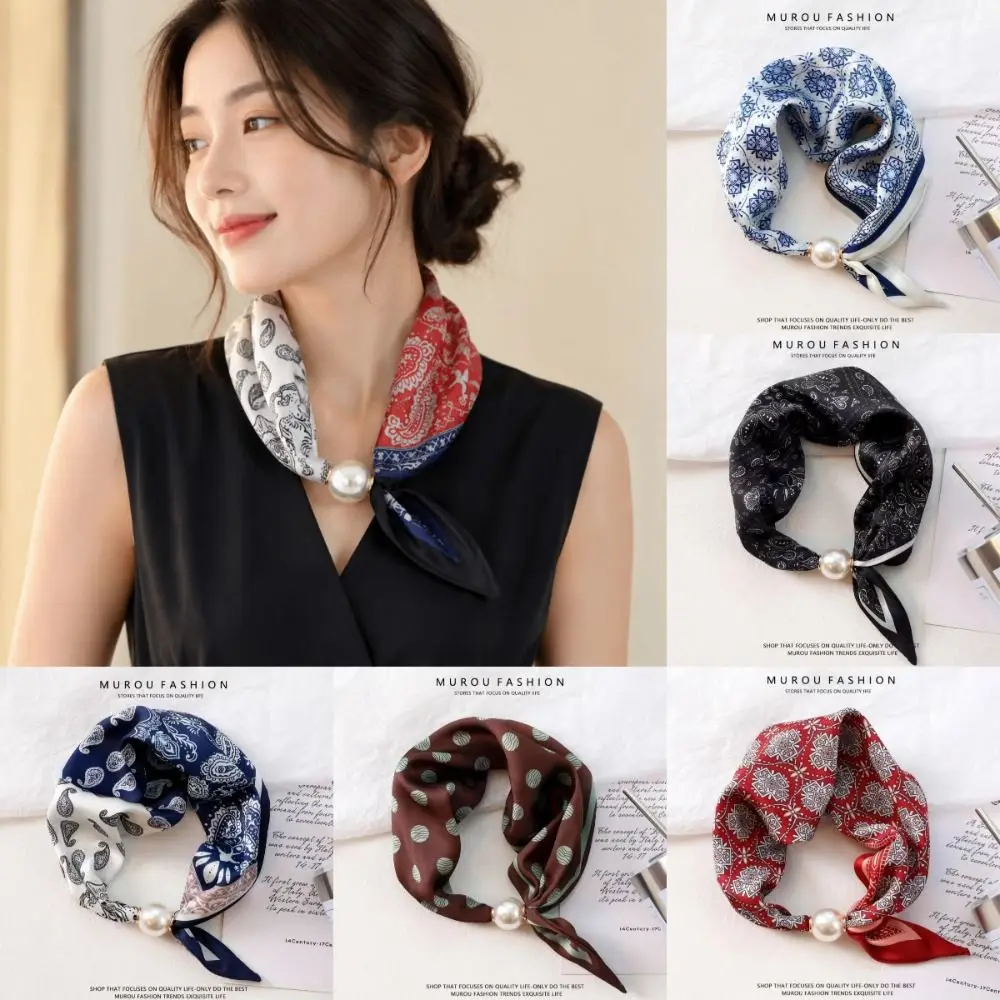 Elegant Breathable Silk Scarf Printed Thin Magnetic Snap Scarf Pearl Buckle Lightweight Faux Pearl Scarf for Spring Summer Wear