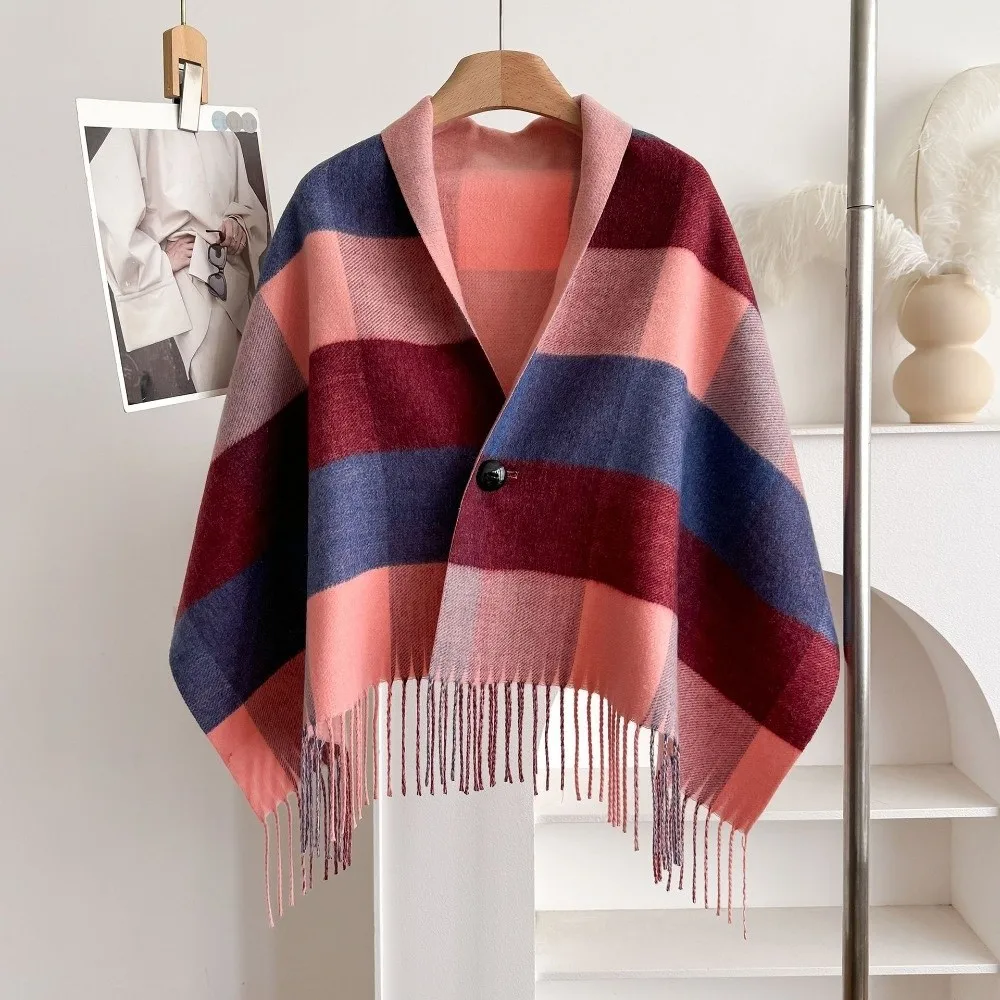 Multi-Functional Double‑Sided Plaid Poncho Shawl Faux Wool Thick Knit Blanket Shawl Tassel Trim Button Closure