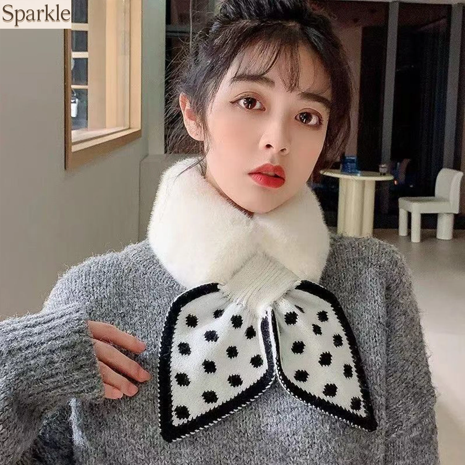 Women's Winter Faux Fur Scarf Wool Stitched Rabbit Fur Plush Collar Cute Girls Warm Scarves Fashion Accessory