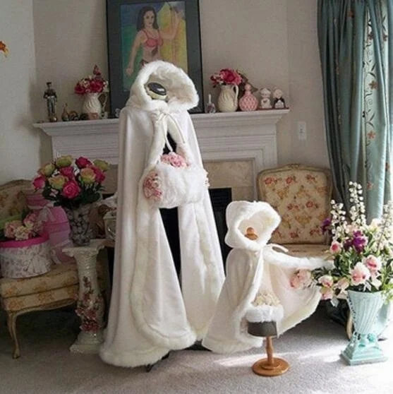 Long warm capes white ivory bride winter wedding cloak shawl satin + artificial fur cape coat adult SHAWL  women poncho