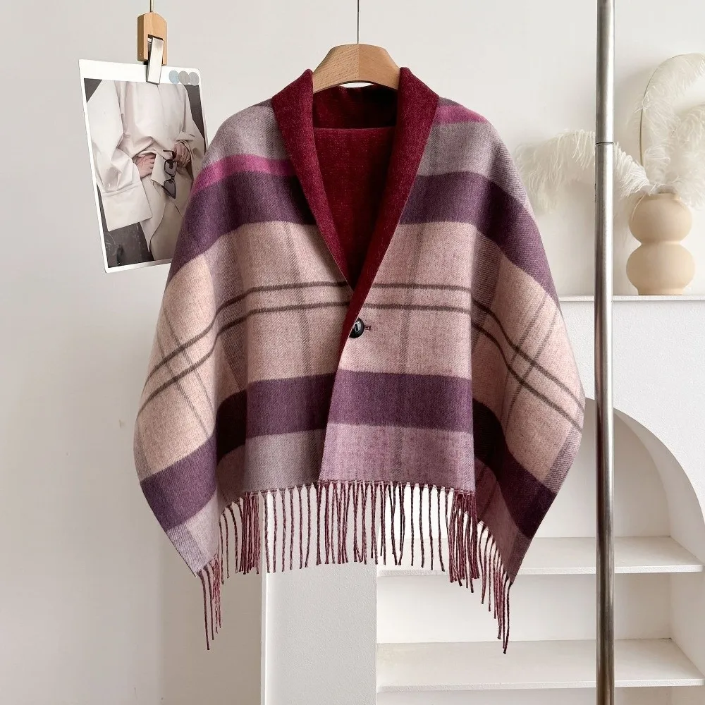 Multi-Functional Double‑Sided Plaid Poncho Shawl Thick Knit Faux Wool Blanket Shawl Tassel Trim Button Closure