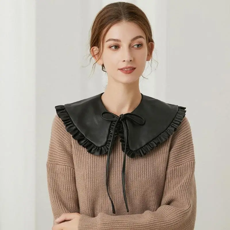 Women Faux Leather Black False Collar Shawl Korean Vintage for Doll Ruffled Necklace Shoulder Wrap Decorative Ponc 6XDA