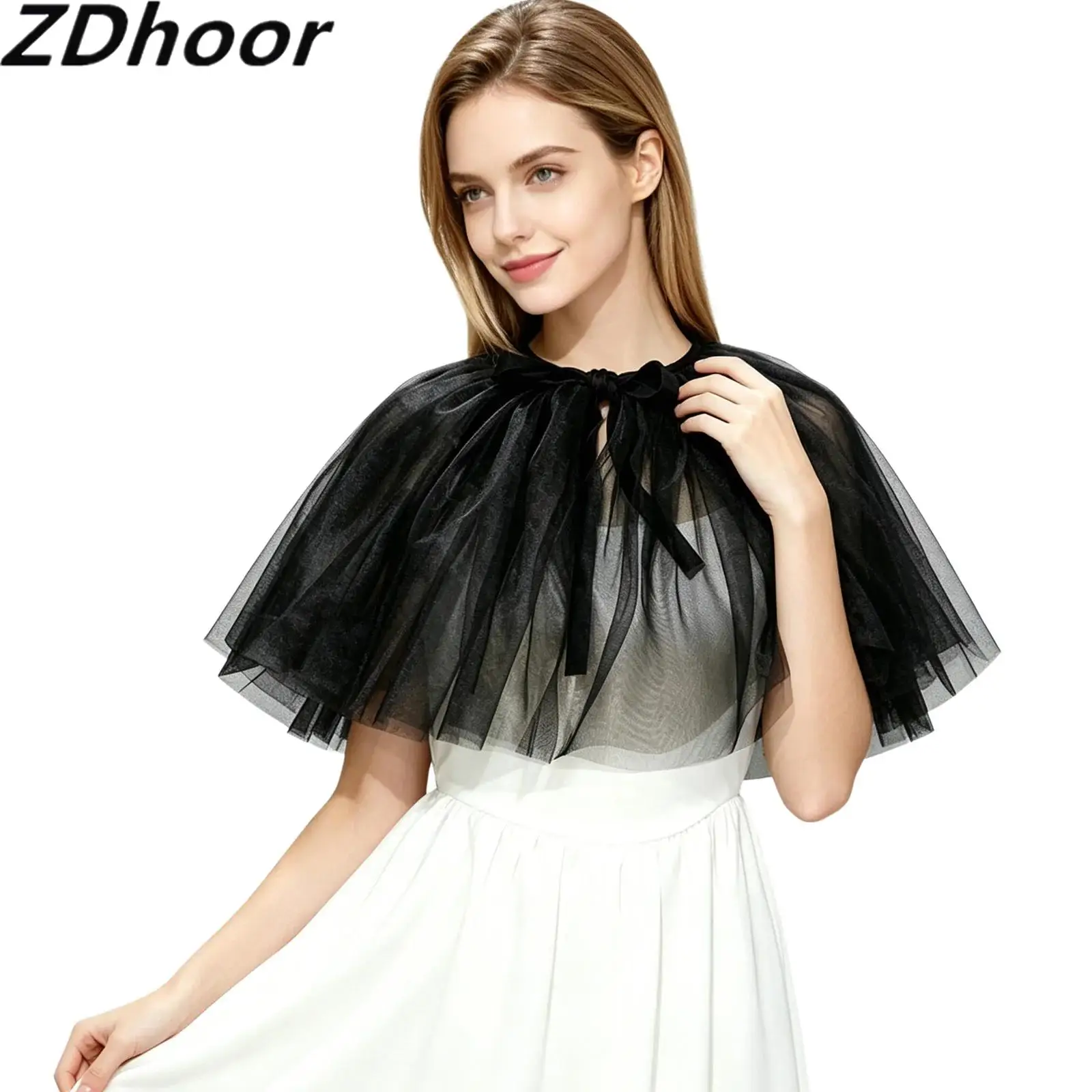 Women Adjustable Mesh Tulle Shawl Layered Ruffled Victorian-style Faux Collar for Stage Performance Halloween Party Cosplay