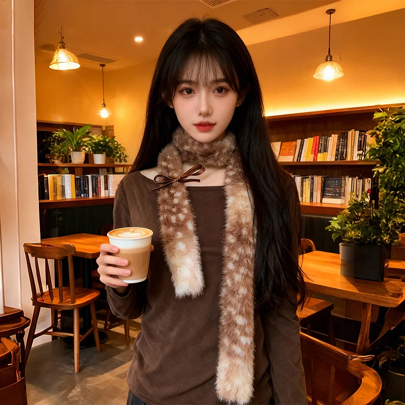 Cute Winter Faux Fur Imitation Reindeer Furry Scarf Warm Shawl Christmas Decorative Performance Costume Plush Long Neck Warmer
