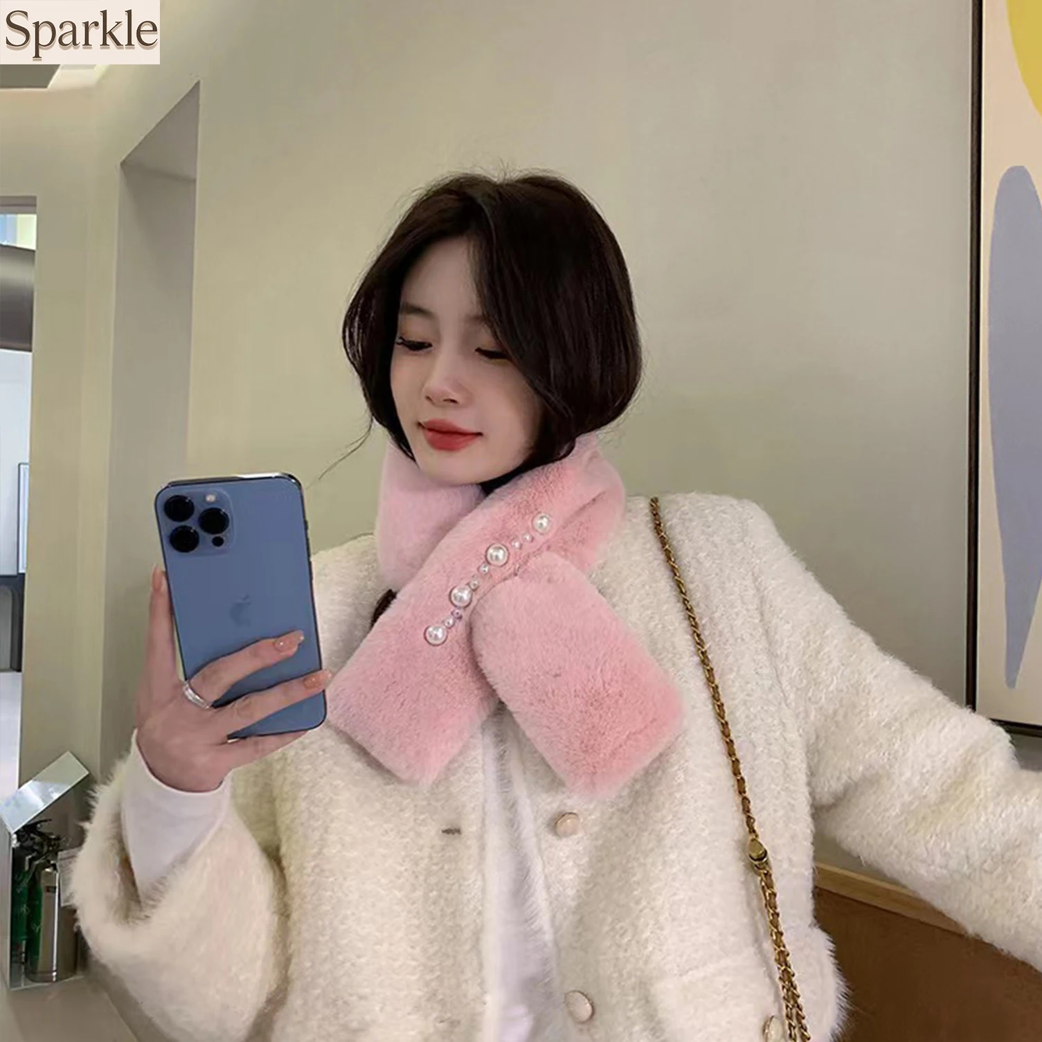 Women's Fluffy Faux Fur Scarf Winter Warm Pearl Decor Fashion Neck Wrap Cold Weather Accessory