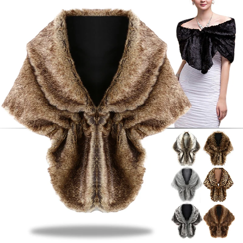 Women Bridal Shawl Wedding Cape Warm Faux Fur Stole Wrap Imitation Rex Rabbit Fur Cloak Shrug Scarf For Evening Party Decor