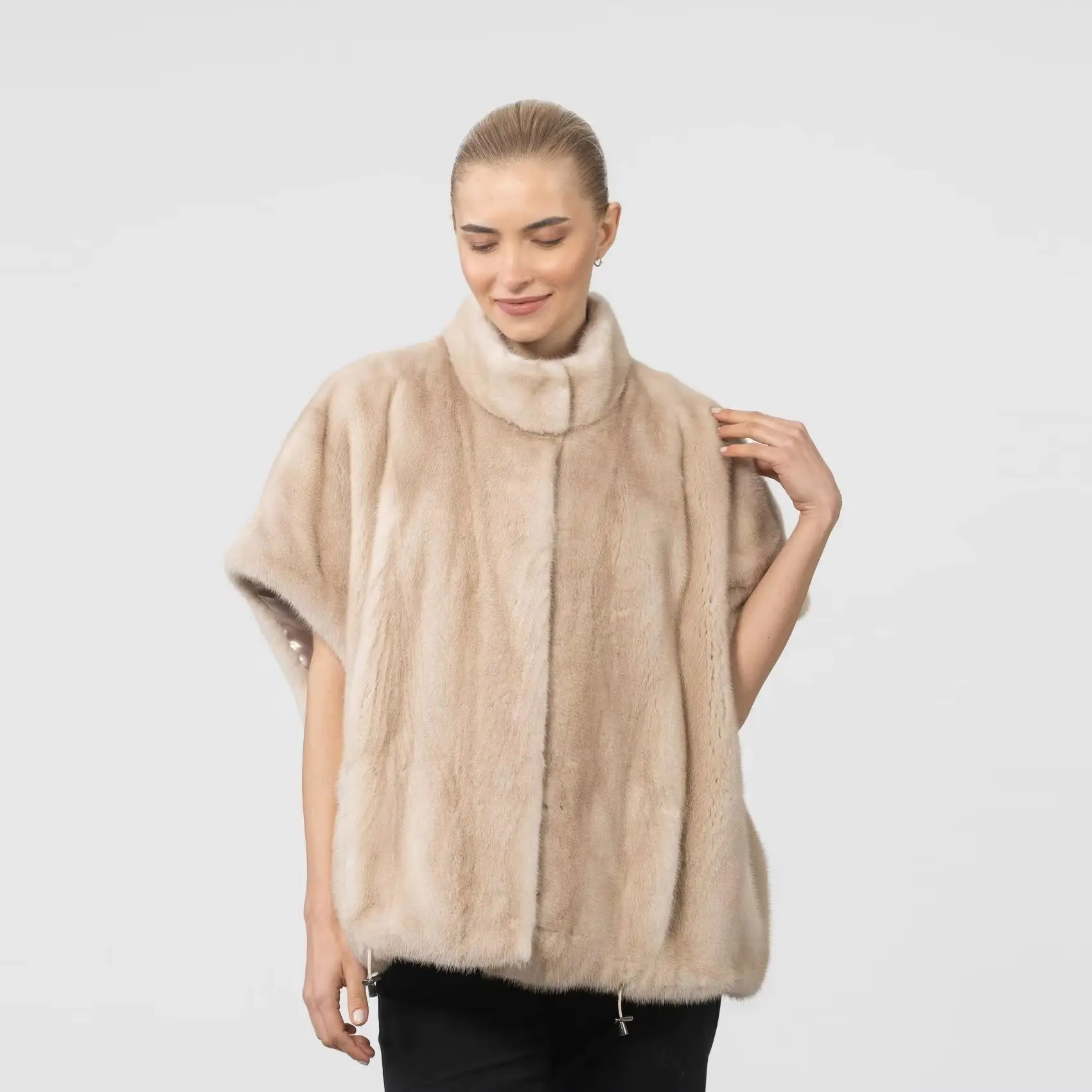 Women Faux Mink Fur Poncho Stand Collar Sleeveless Cape Coat Elegant Warm Artificial Fur Shawl Winter Fashion Outerwear Ladies