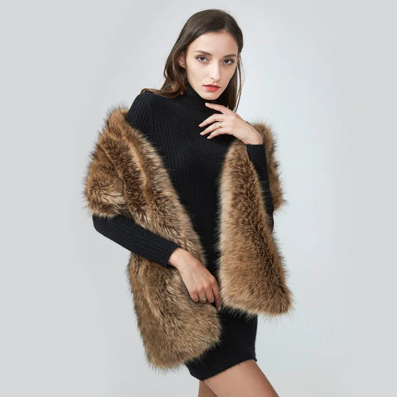 Autumn Winter Extra Long Imitation Fox Raccoon Fur Shawl Fur Evening Dress Thick Cloak Scarf Women Scarf Luxury 4w947