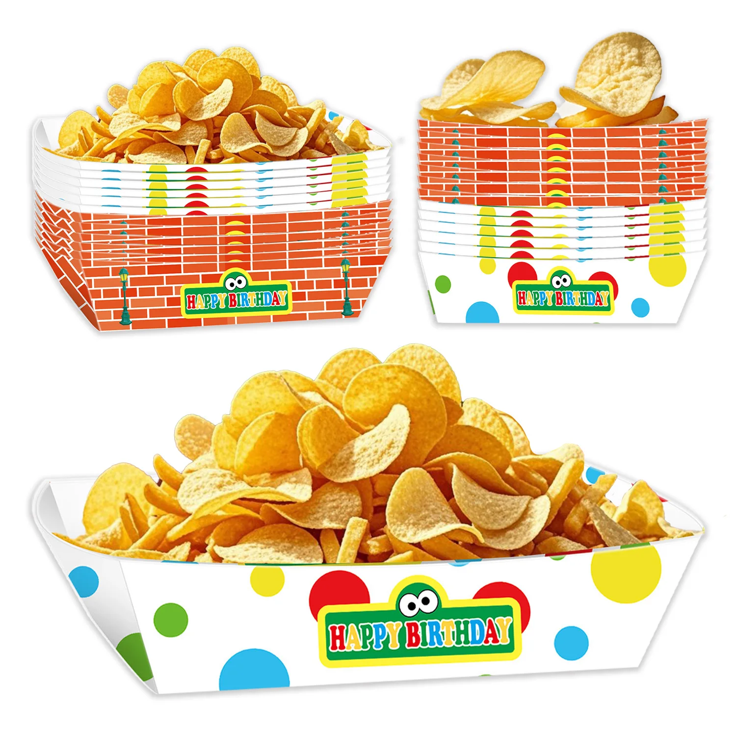 Happy Birthday Paper Snack Boats 12Pack Brick Color Dot Disposable Serving Trays BBQ Picnic Fries Dessert Party Tableware Decor