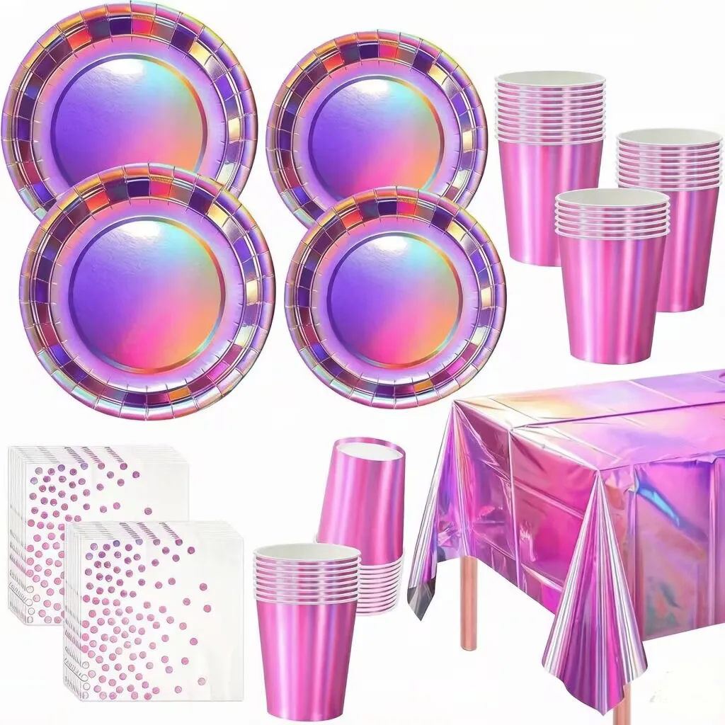 New Colorful Pink and Purple Disposable Tableware Paper Cups, Napkins, Tablecloths, Wedding and Birthday Multi Theme Party Suppl