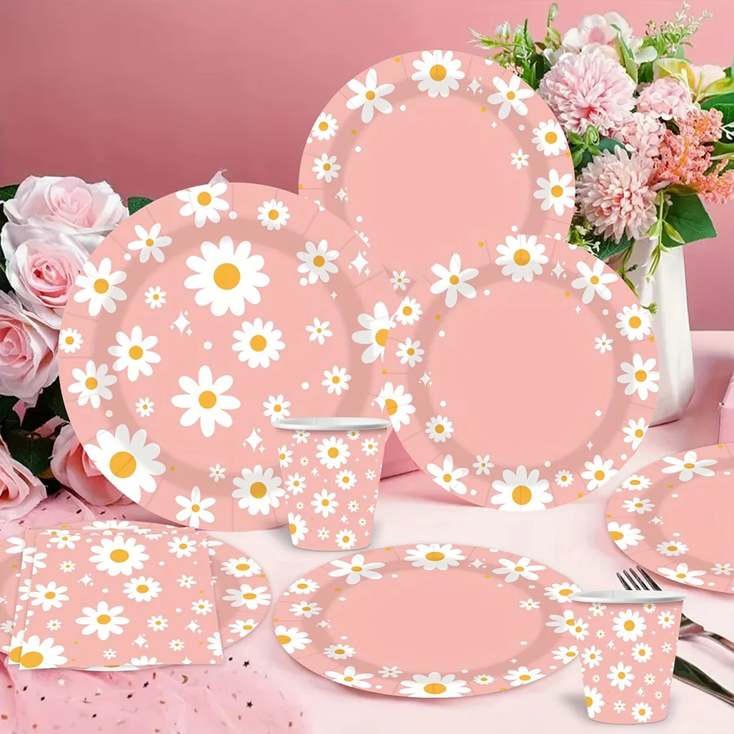 80pcs Pink Daisy Disposable Tableware Set Floral Paper Plates Cups Napkins For Baby Shower Girls Birthday Party Supplies
