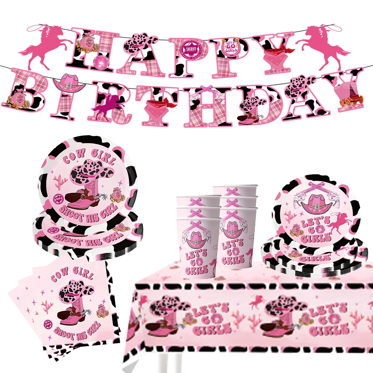 Cowgirl Pink Western Theme Kids Birthday Decor 96P, Disposable Paper Plates Cups Napkins Tablecloth Happy Birthday Banner Set