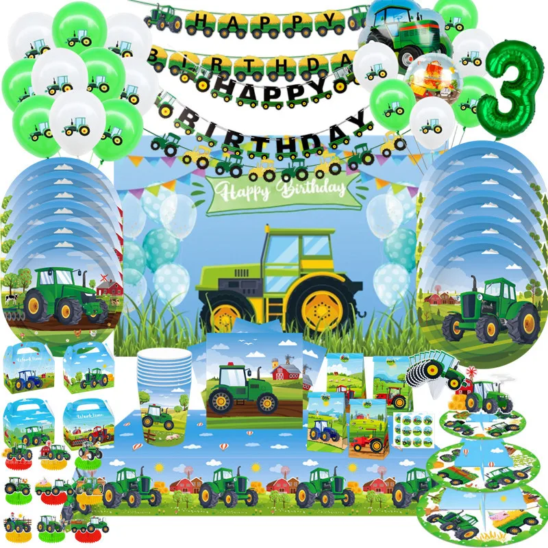Green Farm Tractor Theme Disposable Tableware Paper Cup Plate Excavator Vehicle Kid Birthday Banner Cake Topper Party Decoration