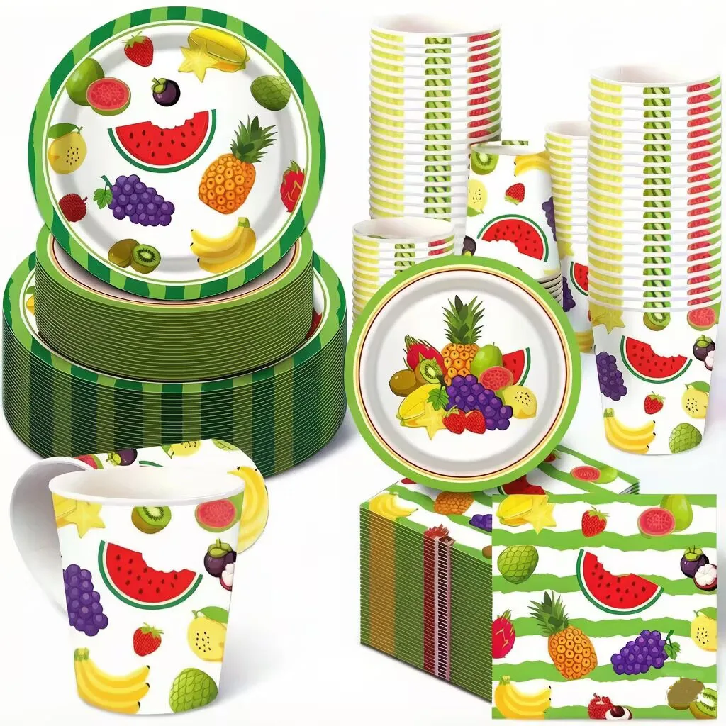 New Summer Fruit Party Disposable Tableware, Paper Cup Plates, Napkins, Balloons, Children's Birthday Party Supplies Decoration