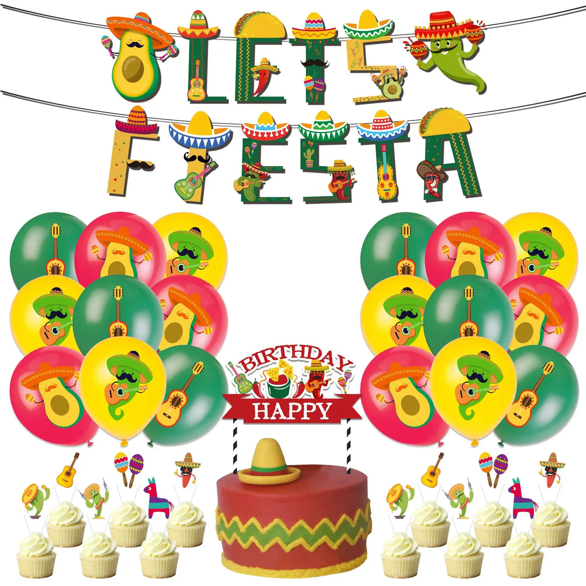 Mexico Avocado Mexican Straw Hat Lets Fiesta Birthday Party Decoration Disposable Tableware Balloon Banner Girl Kid Gift