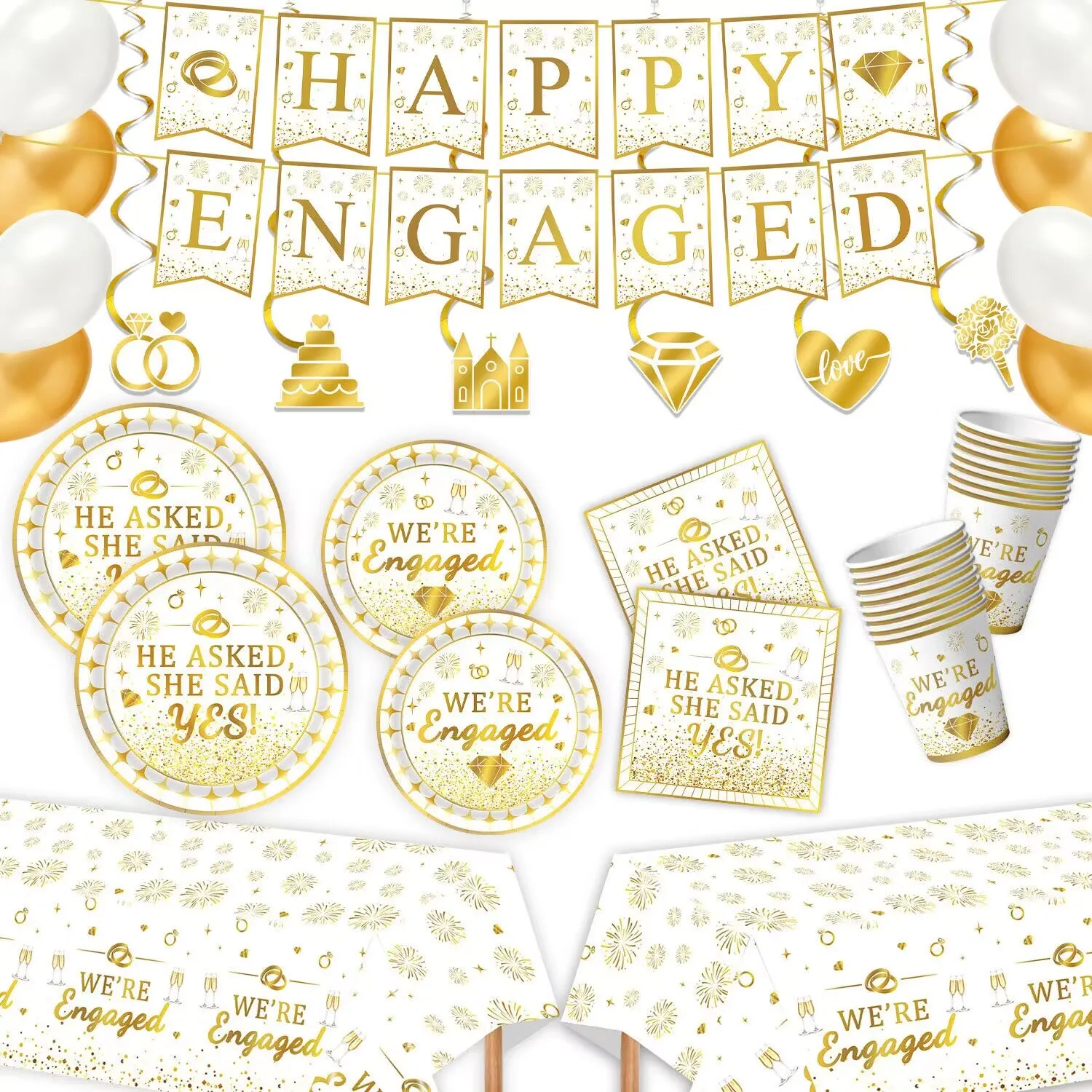 New Platinum Engagement Theme Disposable Tableware, Paper Cups, Plates, Napkins, Tablecloths, Engagement Party Supplies