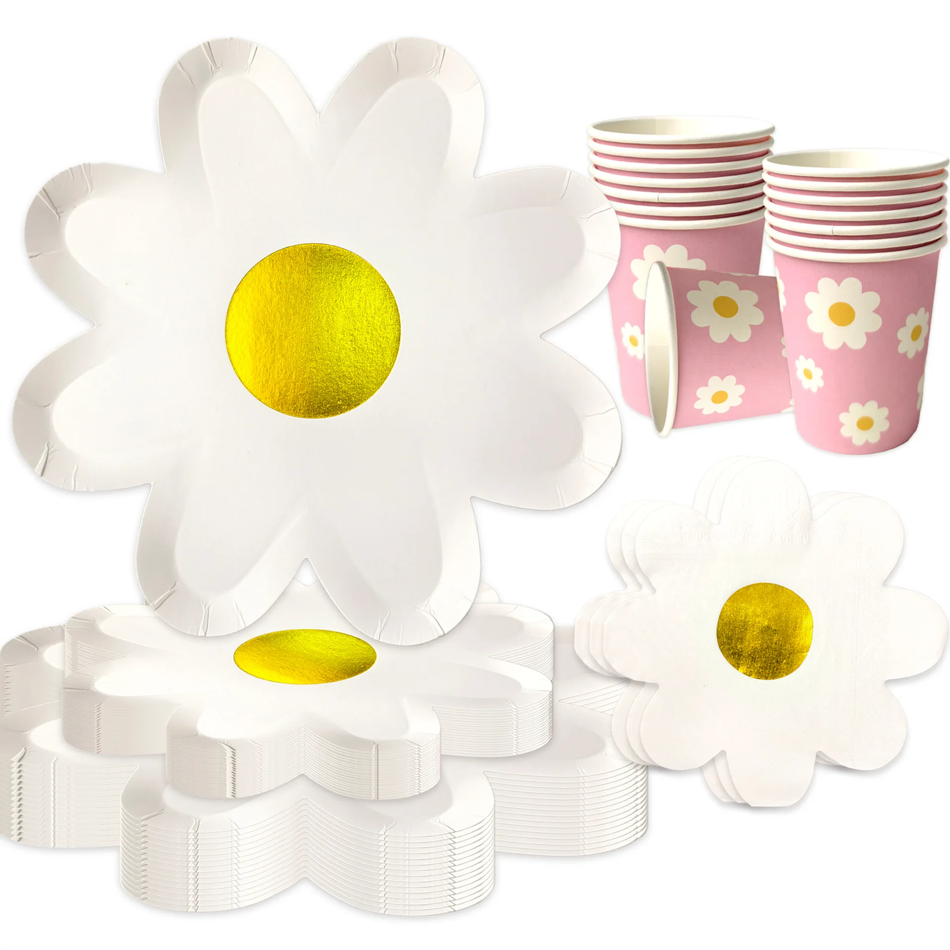 Daisy Gold Stamping White Biodegradable Tableware Set Plates Cups Wedding Decoration Birthday Party Family Gathering Baby Shower