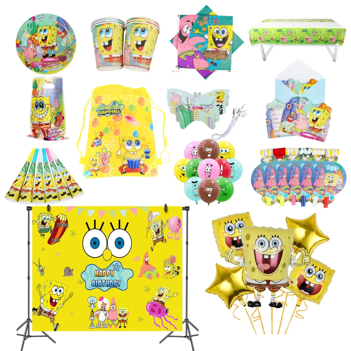 Cartoon SpongeBob Birthday Party Balloon Decoration Party Disposable Tableware Hat Horn Gift Bag Backcloth Party Supplies