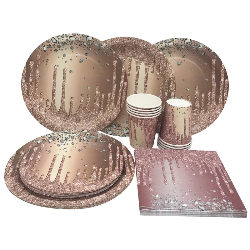 Rose Gold Glitter Diamond Disposable Tableware Paper Plates Cups Napkins Women Birthday Wedding Bridal Shower Party Supplies