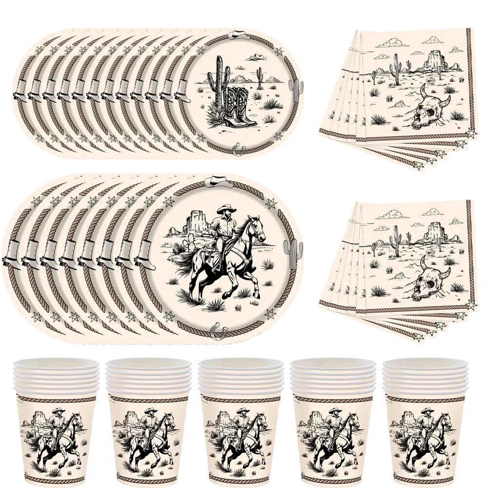 Vintage Western Cowboy Party Tableware Set Disposable Paper Plates Cups Napkins For Boy Birthday Baby Shower Wild West Decor