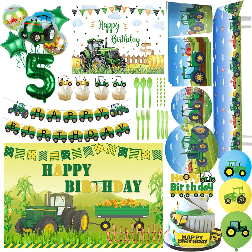 Green Farm Tractor Birthday Party Decorations Disposable Plates Cup Number Balloon Set Excavator Vehicle Backdrop Party Supplies