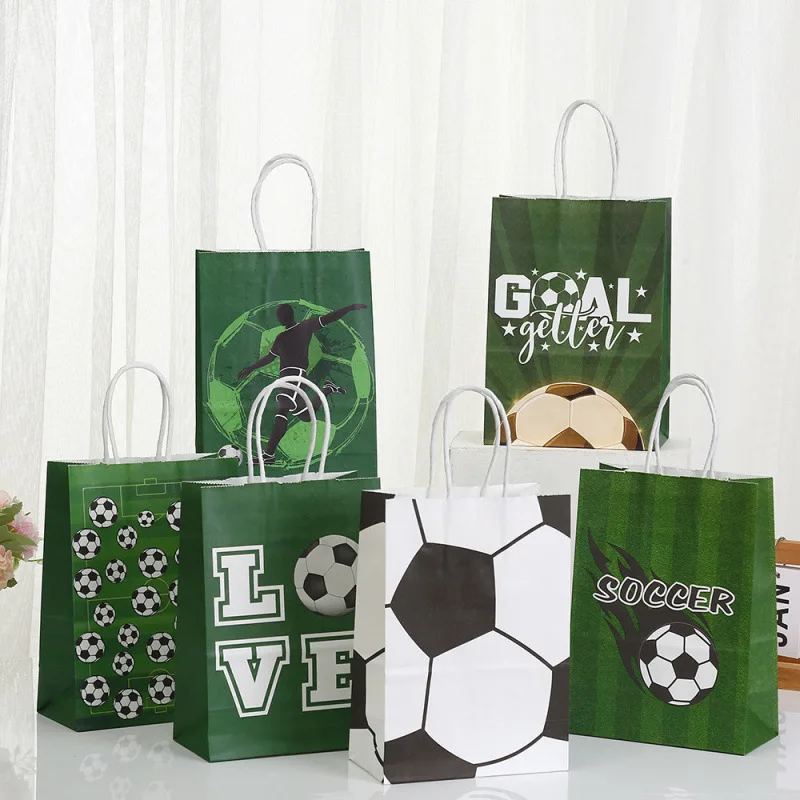 6pcs Footballarty Gift Bag, Kraft Paper Bag, Logo Printed, Tote Bag, Shopping Bag, Gift Bag, Baby Shower party supplies
