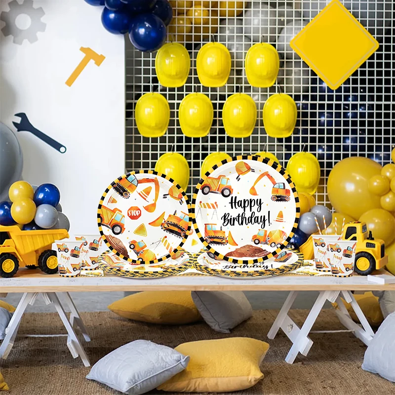 Engineering Vehicle Birthday Party Home Table Decor Disposable Tableware Paper Cups Plates Napkins Tablecloth Banner