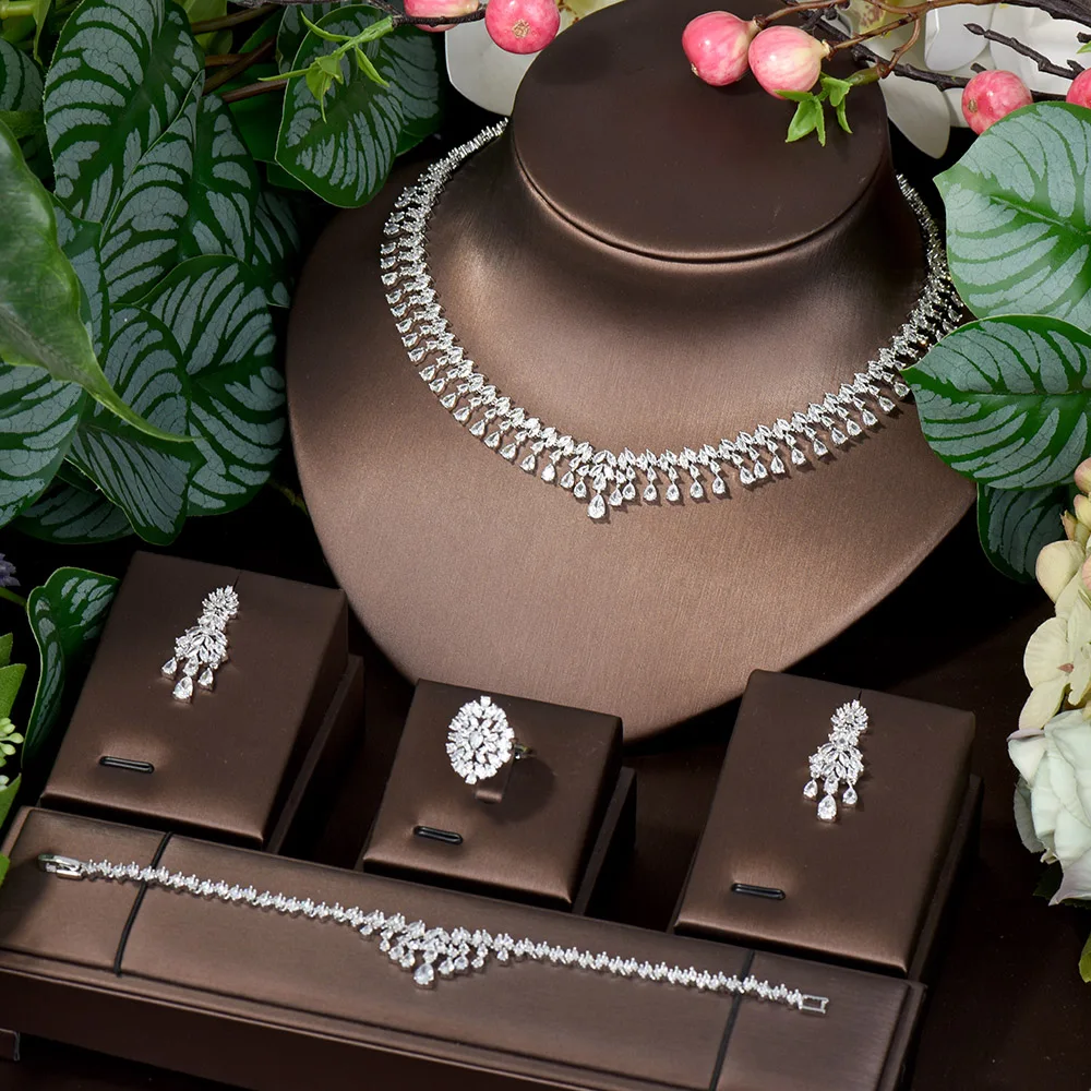 HIBRIDE Water Drop Shape Clear Cubic Zircon Jewelry Set For Women Bridal Wedding 4PCS Necklace Accessories Wholesale N-1275