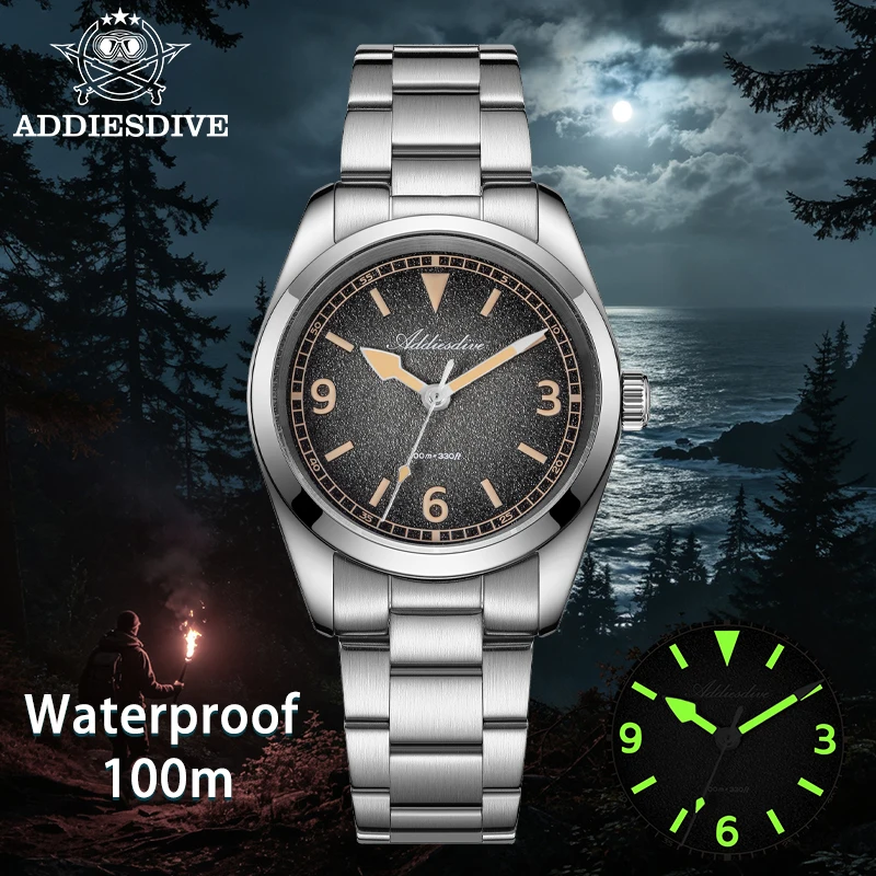 ADDIESDIVE AD2554 Quartz Watch 36mm Sapphire Crystal Super Luminous 100M Waterproof Stainless Steel Explorer Outdoor Wristwatch