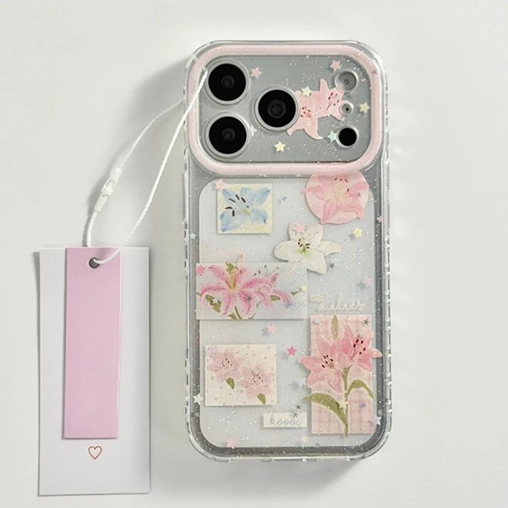 Cute Lily Flowers Transparent Glitter Pink Camera Frame ShockProof Phone Case for iPhone 17promax 16 15 Pro Max Protective Cover