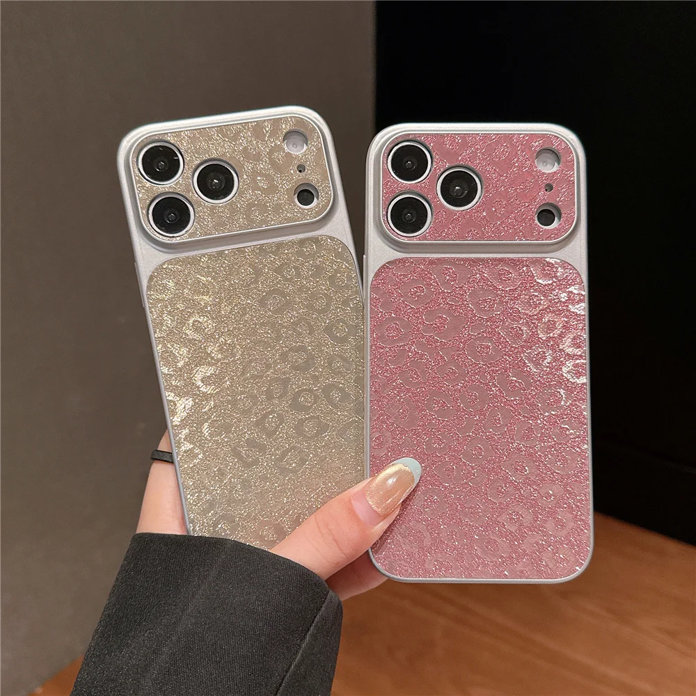 Glitter Leopard Print Plating Camera Protection Phone Case For iPhone 14 15 16 17 Pro Max Anti Fall Shockproof Full Print Cover