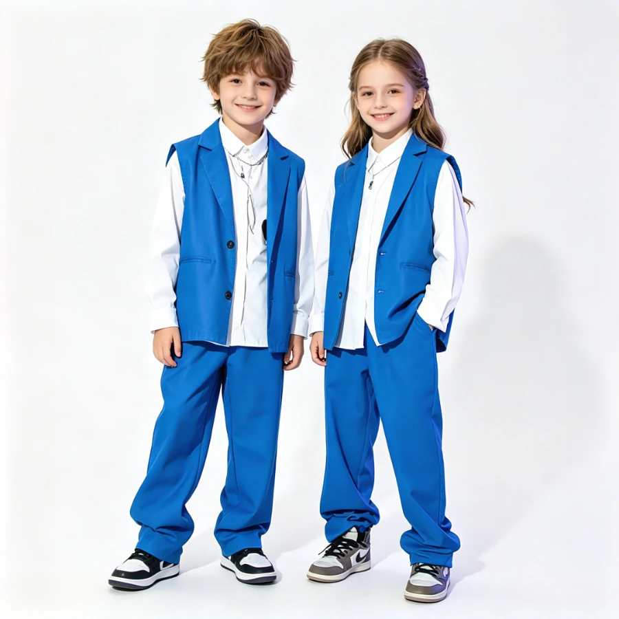Kids Blue Hip Hop Dance Costume Set Teens School Boys Girls Vest White Heart Print Shirt Pants Streetwear Performance Outfit 8 Y