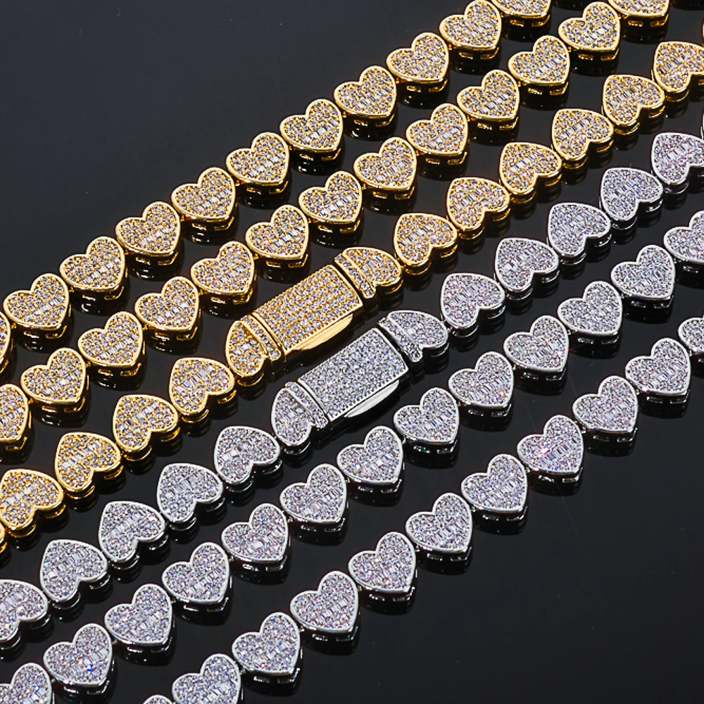 NY Women's 8mm Iced Out Baguette Heart Tennis Chain Necklace Hip Hop Prong Mixed Inlay Choker Fine Jewelry
